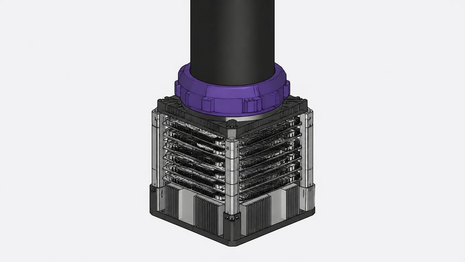 A massive, unlabeled industrial power conduit locking directly into a dense, multi-layered AI computing module.