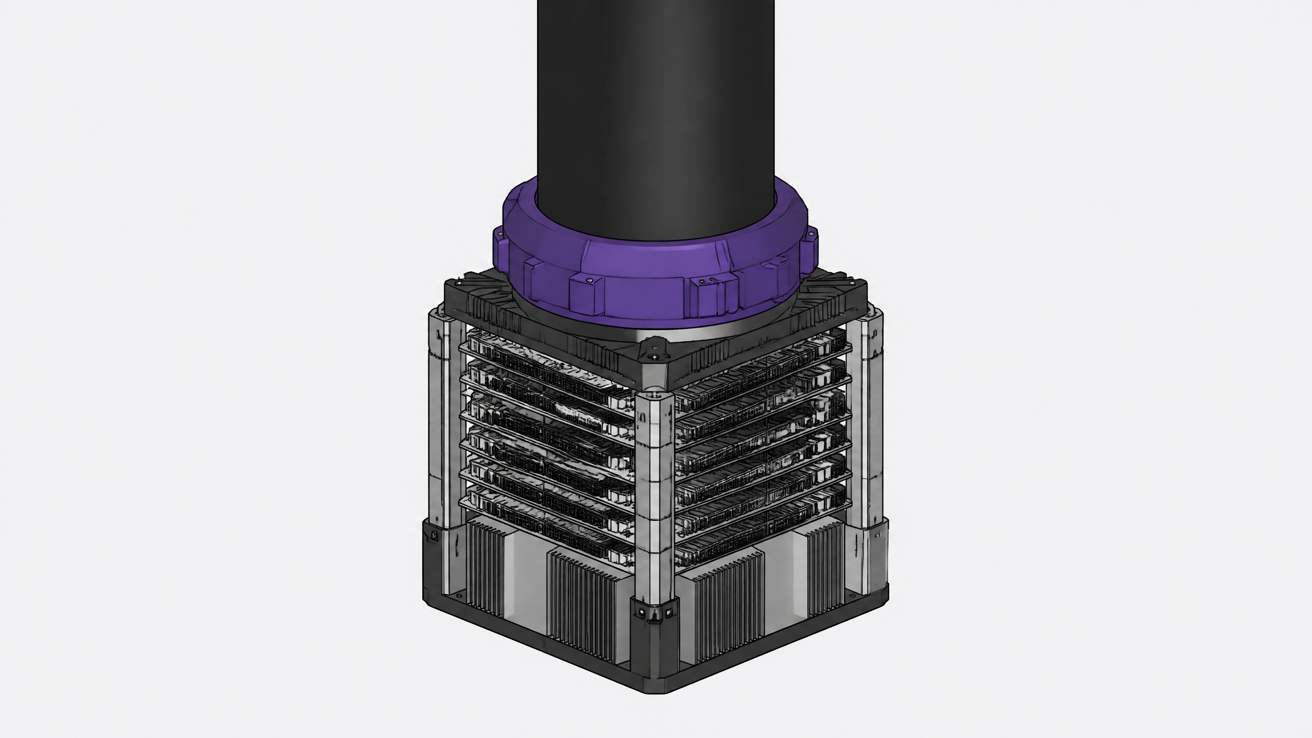 A massive, unlabeled industrial power conduit locking directly into a dense, multi-layered AI computing module.