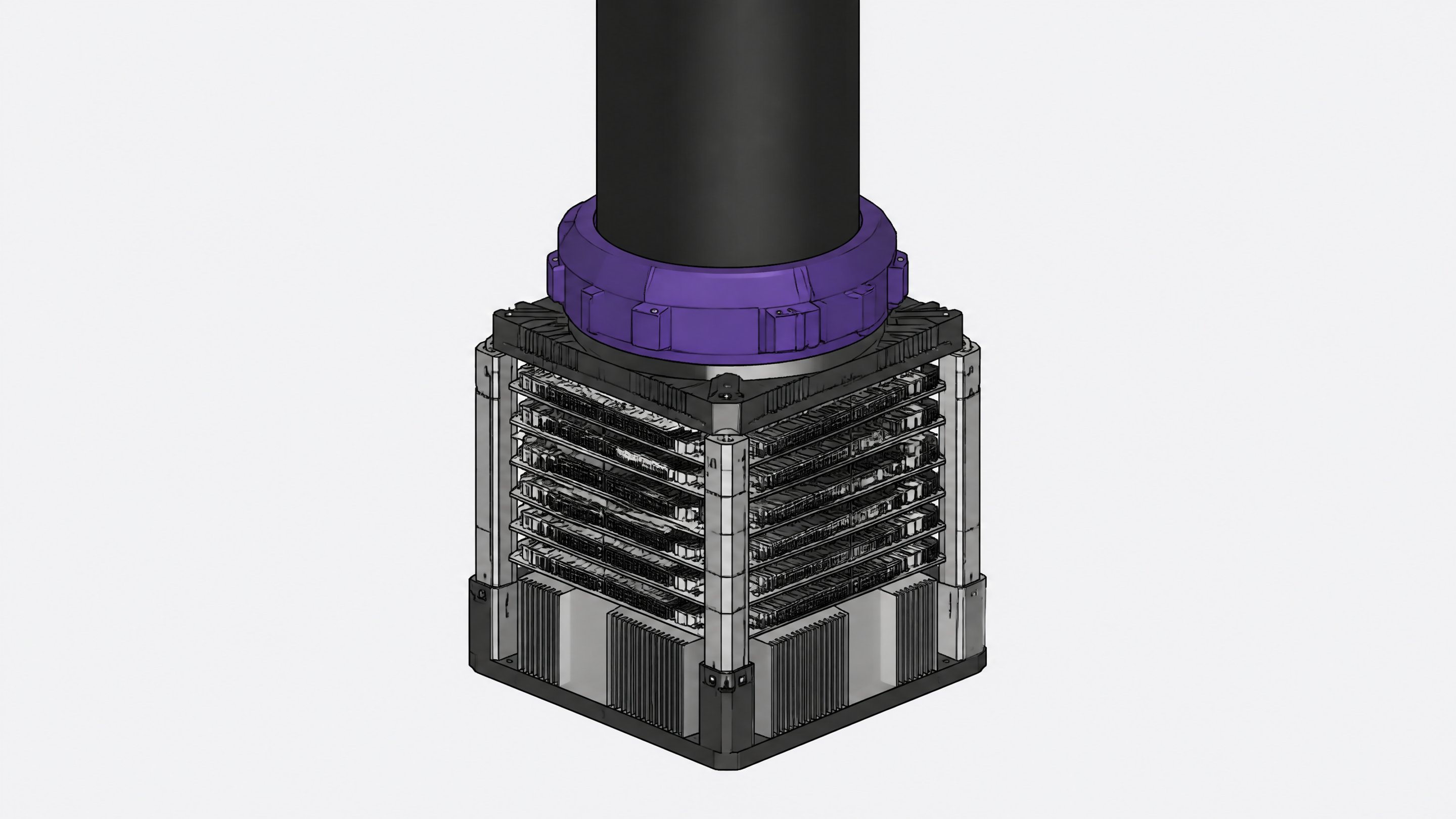 A massive, unlabeled industrial power conduit locking directly into a dense, multi-layered AI computing module.