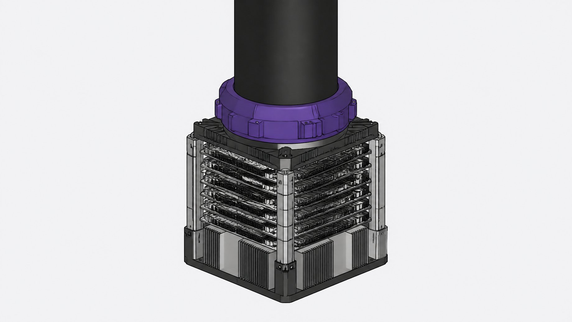 A massive, unlabeled industrial power conduit locking directly into a dense, multi-layered AI computing module.