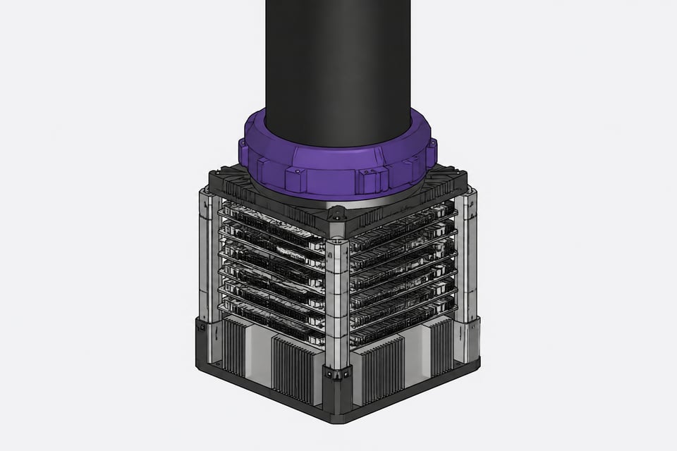 A massive, unlabeled industrial power conduit locking directly into a dense, multi-layered AI computing module.