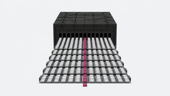 A monolithic central structure extrudes parallel streams of small, blank rectangular chips along a proliferating grid of tracks, illustrating an AI inference engine generating concurrent tokens.