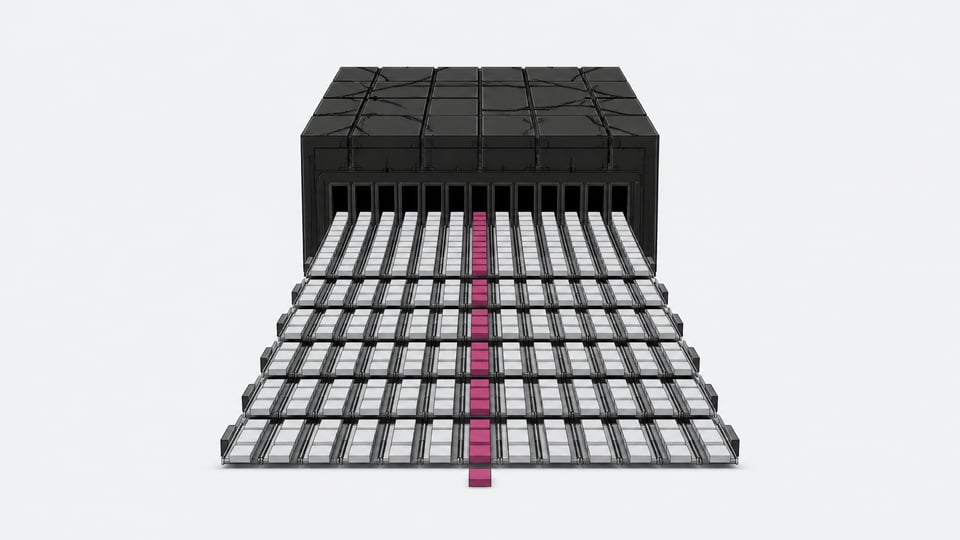 A monolithic central structure extrudes parallel streams of small, blank rectangular chips along a proliferating grid of tracks, illustrating an AI inference engine generating concurrent tokens.
