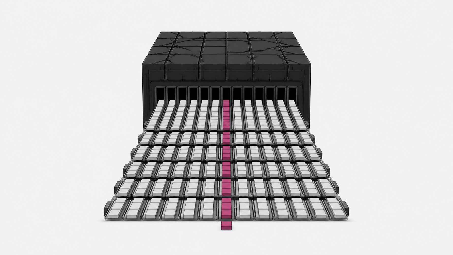 A monolithic central structure extrudes parallel streams of small, blank rectangular chips along a proliferating grid of tracks, illustrating an AI inference engine generating concurrent tokens.