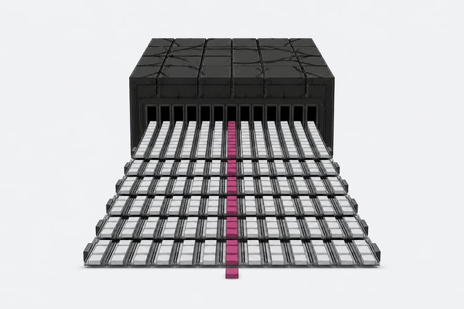 A monolithic central structure extrudes parallel streams of small, blank rectangular chips along a proliferating grid of tracks, illustrating an AI inference engine generating concurrent tokens.
