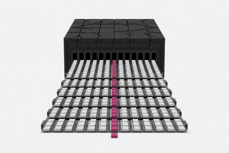 A monolithic central structure extrudes parallel streams of small, blank rectangular chips along a proliferating grid of tracks, illustrating an AI inference engine generating concurrent tokens.
