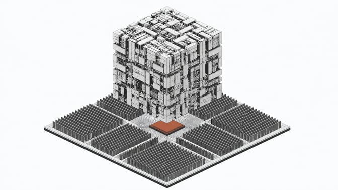 A hardware schematic arrangement showing a massive parameter matrix routing directly through a primary CPU into expansive memory banks, bypassing any secondary coprocessors.