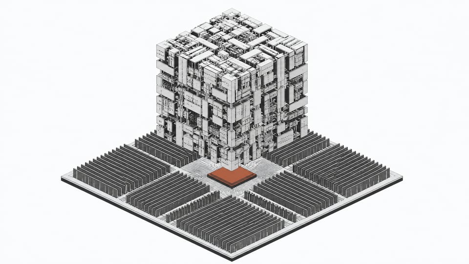 A hardware schematic arrangement showing a massive parameter matrix routing directly through a primary CPU into expansive memory banks, bypassing any secondary coprocessors.