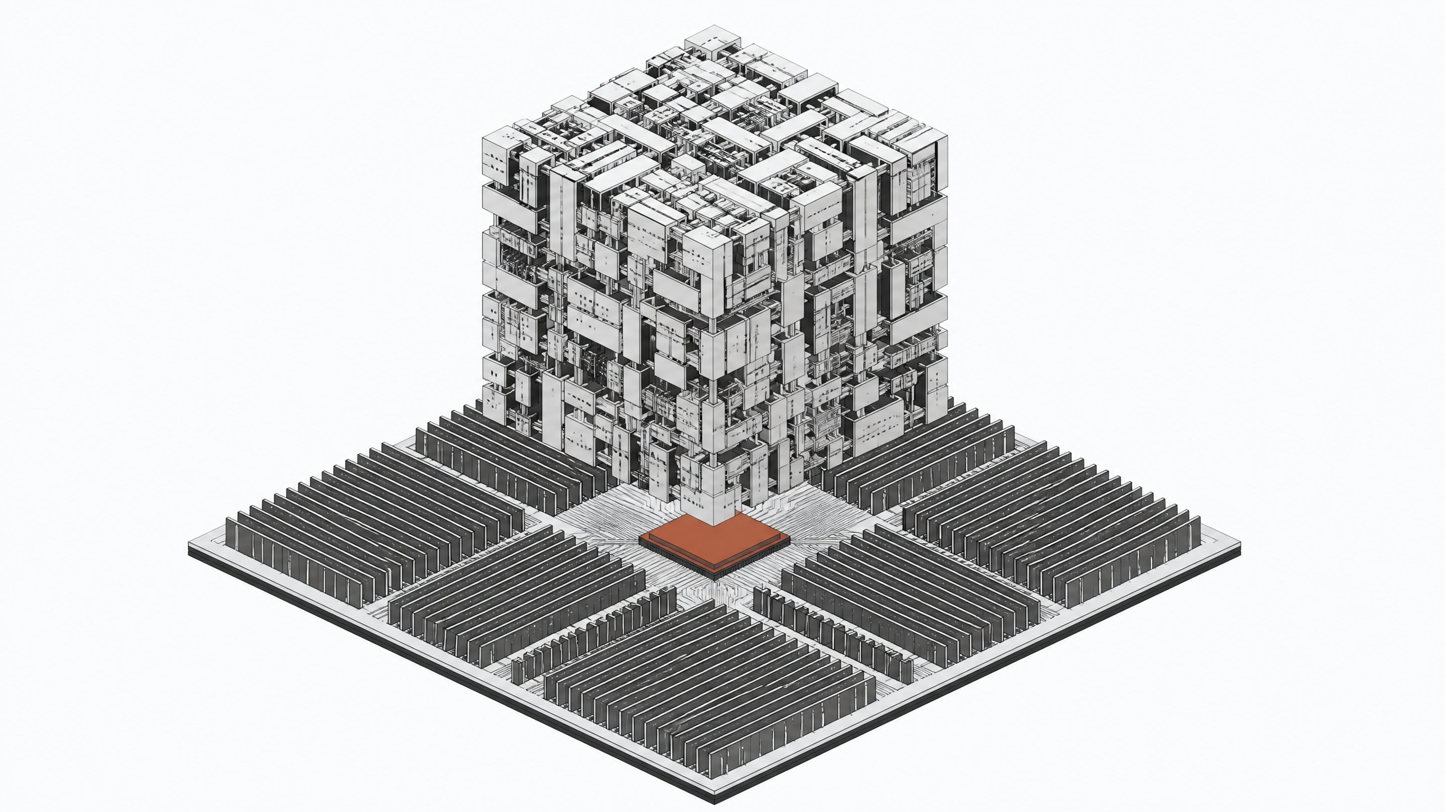 A hardware schematic arrangement showing a massive parameter matrix routing directly through a primary CPU into expansive memory banks, bypassing any secondary coprocessors.