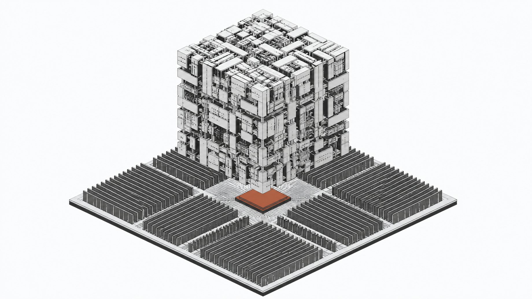 A hardware schematic arrangement showing a massive parameter matrix routing directly through a primary CPU into expansive memory banks, bypassing any secondary coprocessors.