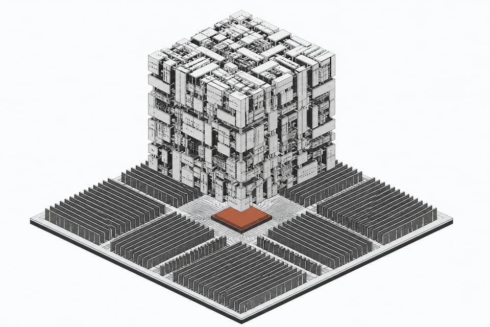 A hardware schematic arrangement showing a massive parameter matrix routing directly through a primary CPU into expansive memory banks, bypassing any secondary coprocessors.