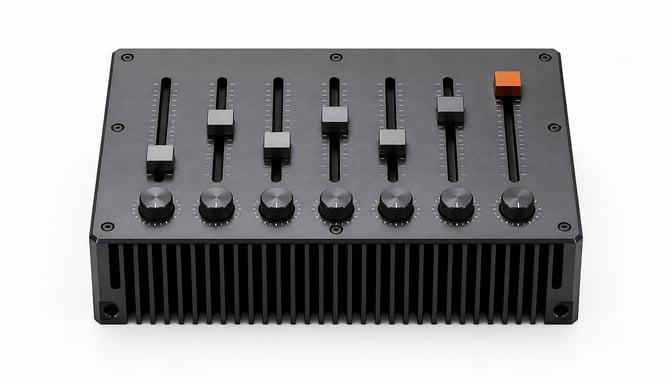 A central hardware module featuring sliding tracks and rotary dials, representing the precise configuration and fine-tuning of local LLM inference parameters.