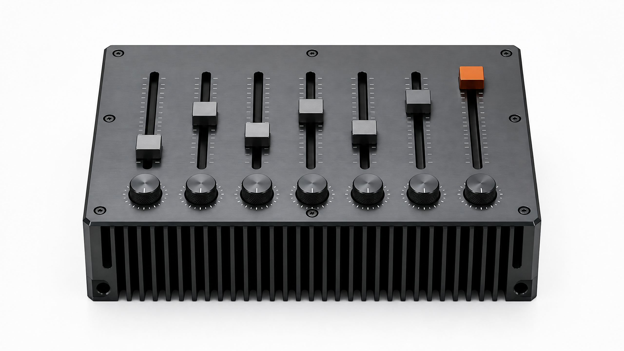 A central hardware module featuring sliding tracks and rotary dials, representing the precise configuration and fine-tuning of local LLM inference parameters.