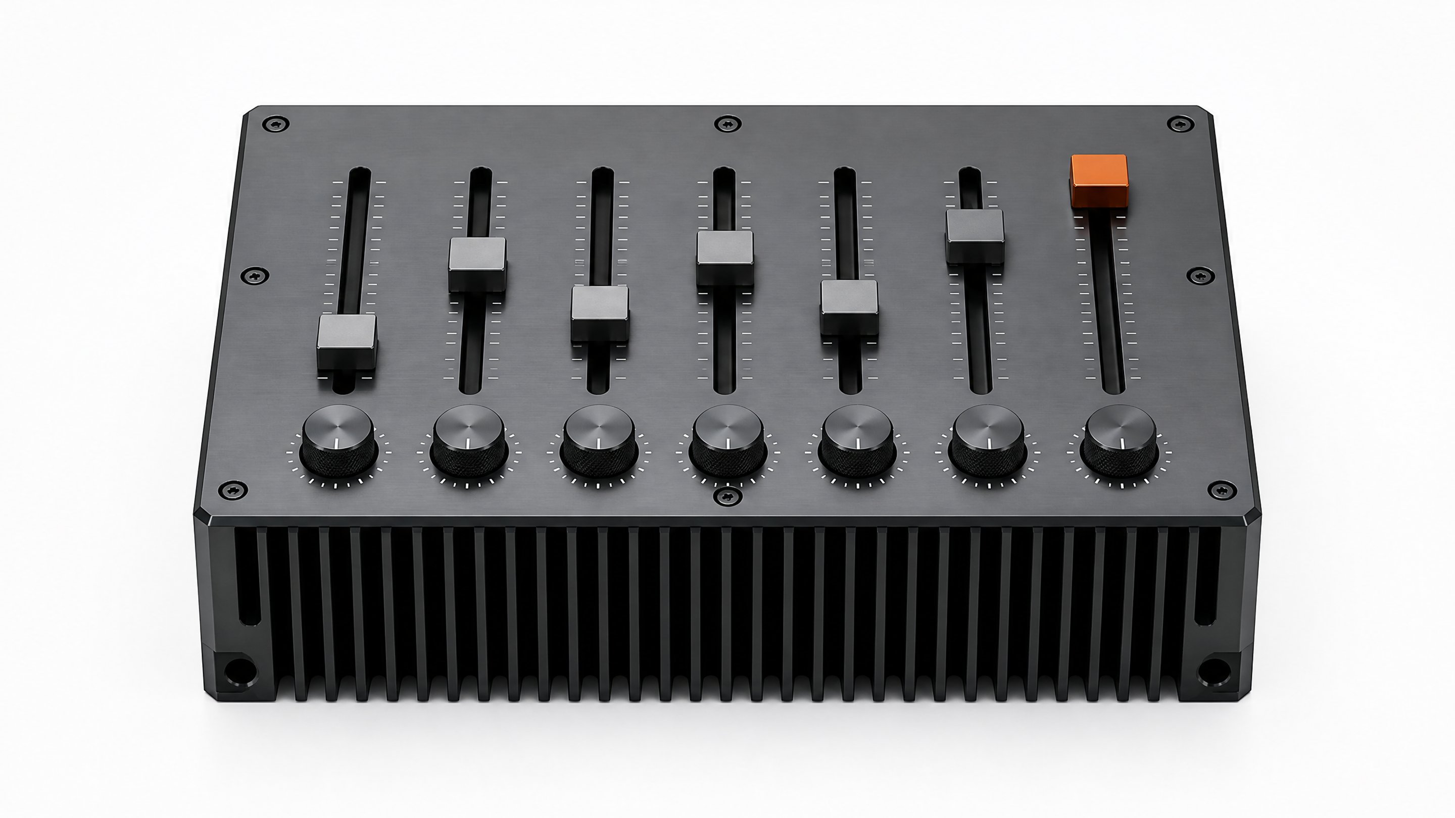 A central hardware module featuring sliding tracks and rotary dials, representing the precise configuration and fine-tuning of local LLM inference parameters.