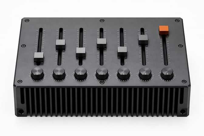 A central hardware module featuring sliding tracks and rotary dials, representing the precise configuration and fine-tuning of local LLM inference parameters.