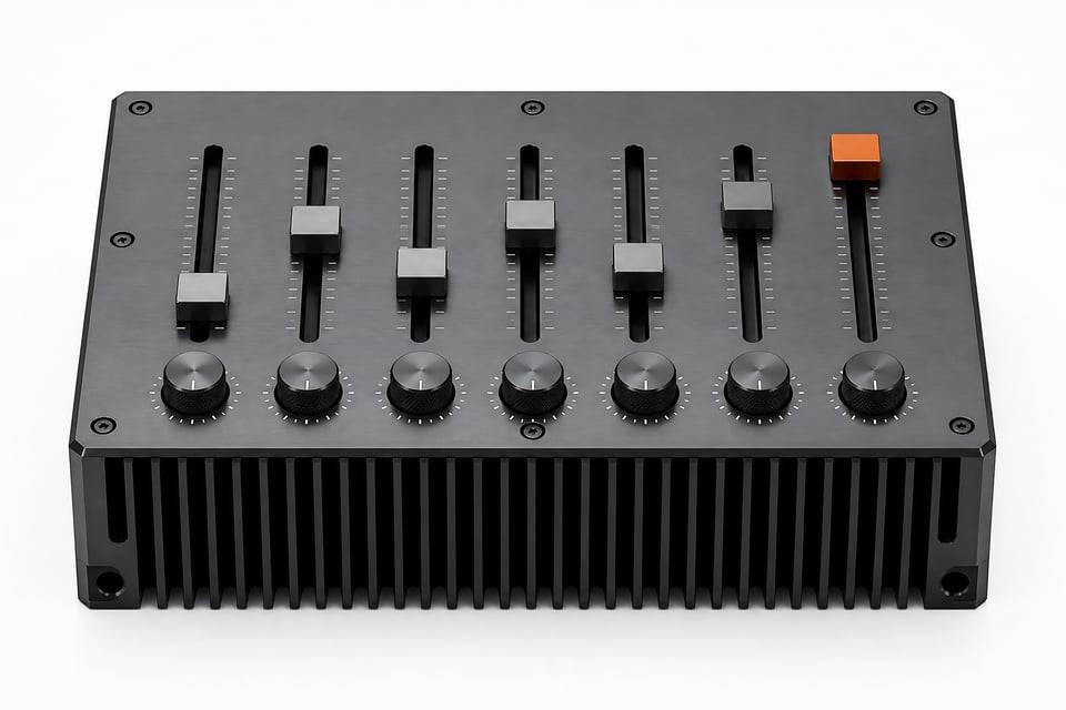 A central hardware module featuring sliding tracks and rotary dials, representing the precise configuration and fine-tuning of local LLM inference parameters.