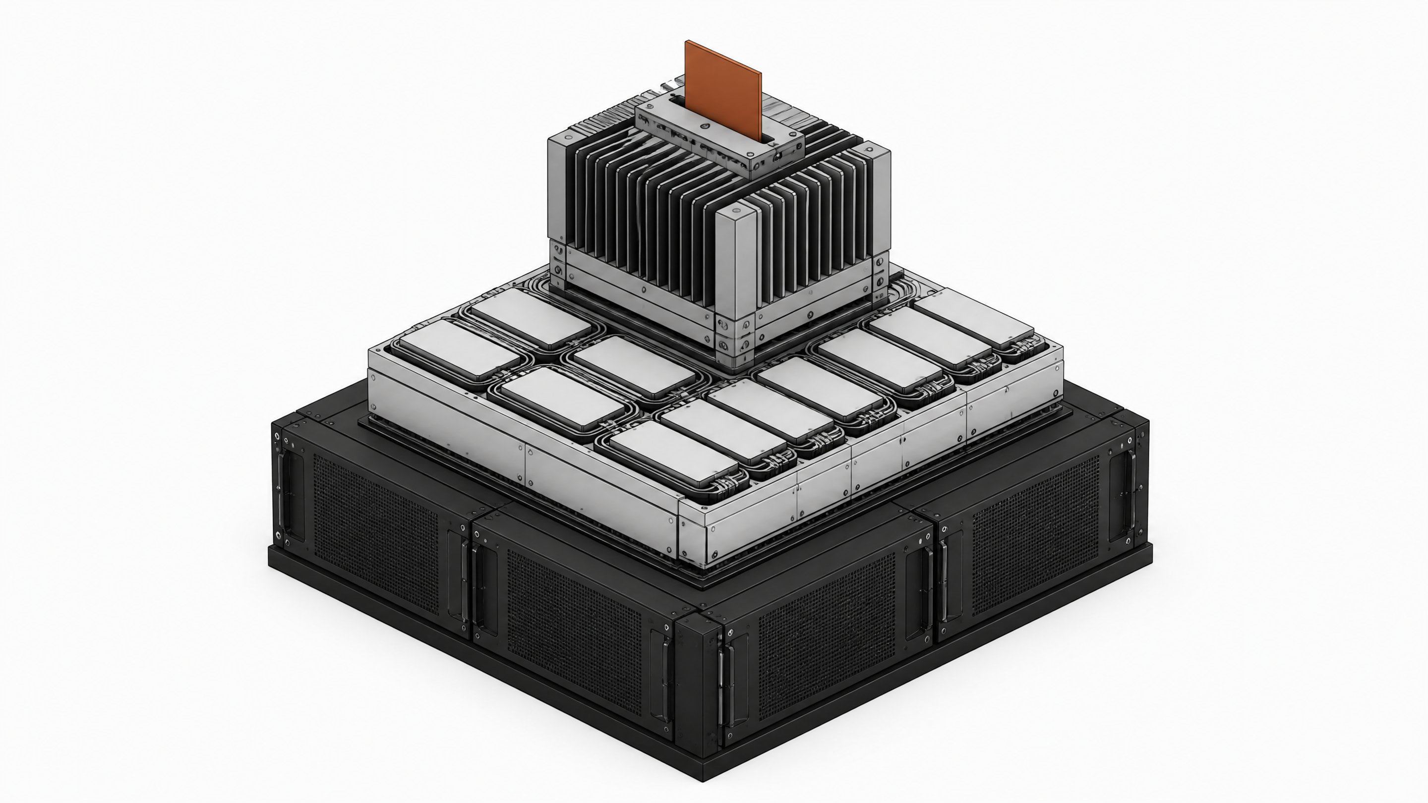 A tiered, freestanding hardware assembly routing a grid of blank rectangular tiles up into a final processing slot, representing a self-hosted local AI inference and infrastructure stack.