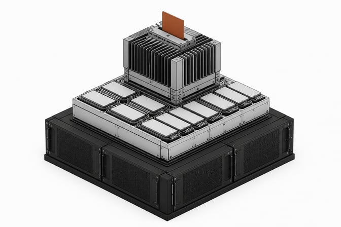 A tiered, freestanding hardware assembly routing a grid of blank rectangular tiles up into a final processing slot, representing a self-hosted local AI inference and infrastructure stack.