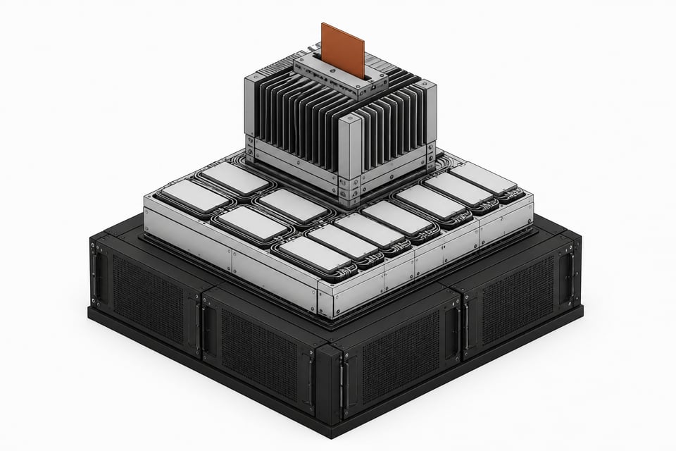 A tiered, freestanding hardware assembly routing a grid of blank rectangular tiles up into a final processing slot, representing a self-hosted local AI inference and infrastructure stack.