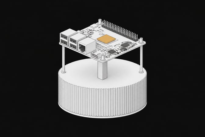 A single-board computer mounted above a sealed foundational cylinder, representing a local AI agent drawing from a read-only database.