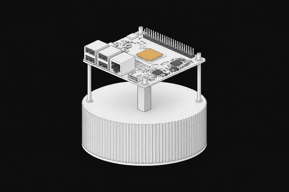 A single-board computer mounted above a sealed foundational cylinder, representing a local AI agent drawing from a read-only database.