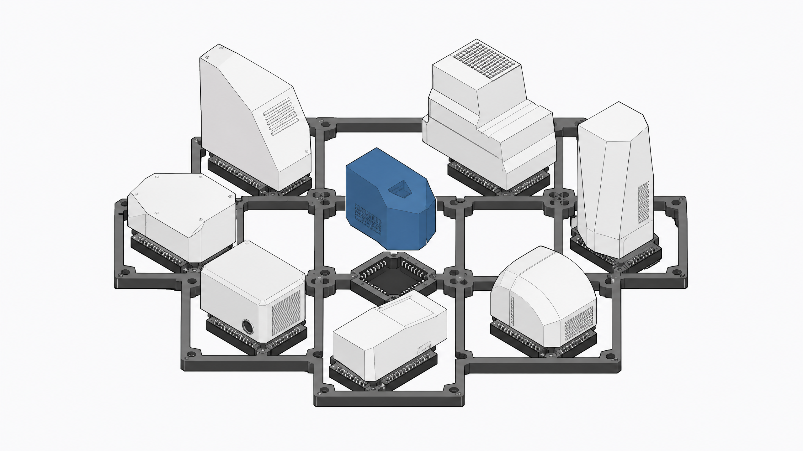 A uniform open backplane standardizing and integrating a diverse array of irregularly shaped hardware modules.
