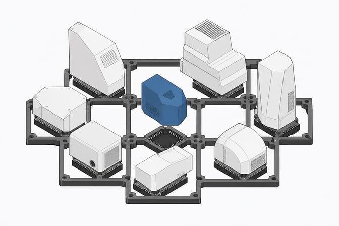 A uniform open backplane standardizing and integrating a diverse array of irregularly shaped hardware modules.