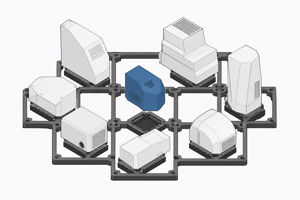 A uniform open backplane standardizing and integrating a diverse array of irregularly shaped hardware modules.