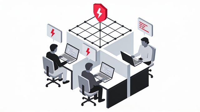 Minimal ink and crimson illustration of a laptop surrounded by small scattered app windows, one fraying at the edge to suggest fragile, ungoverned software