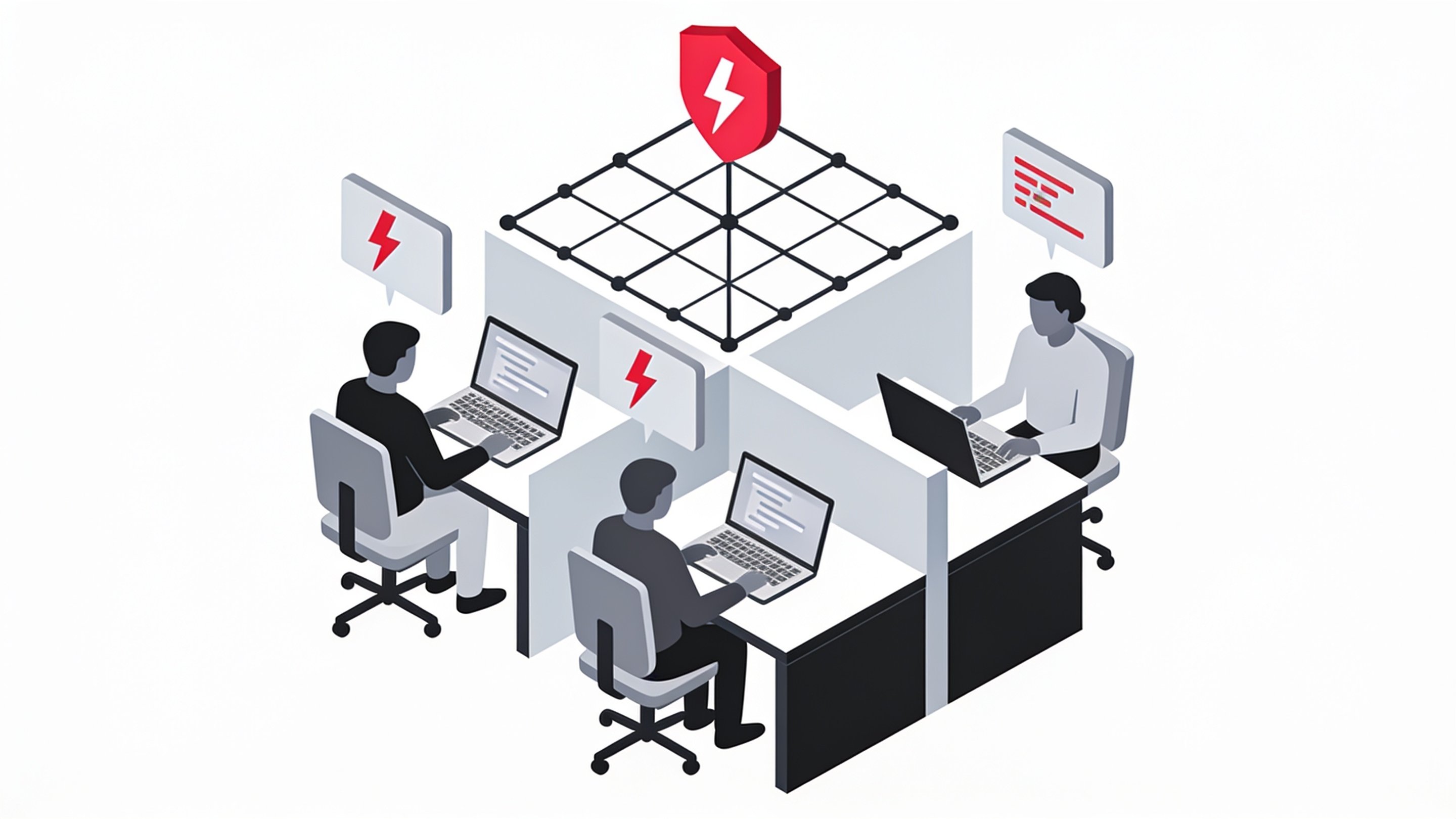Minimal ink and crimson illustration of a laptop surrounded by small scattered app windows, one fraying at the edge to suggest fragile, ungoverned software