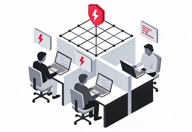 Minimal ink and crimson illustration of a laptop surrounded by small scattered app windows, one fraying at the edge to suggest fragile, ungoverned software