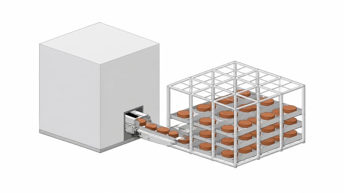 A mechanical chute extracts unlabeled data tokens from a sealed cube into an open framework, illustrating the process of data egress and retrieval from a closed platform.