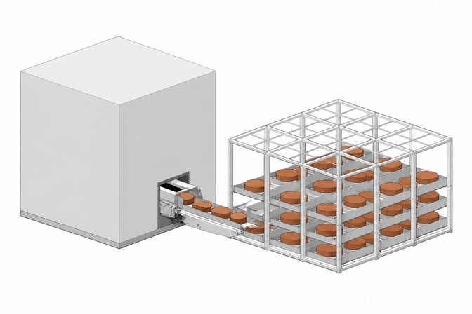 A mechanical chute extracts unlabeled data tokens from a sealed cube into an open framework, illustrating the process of data egress and retrieval from a closed platform.