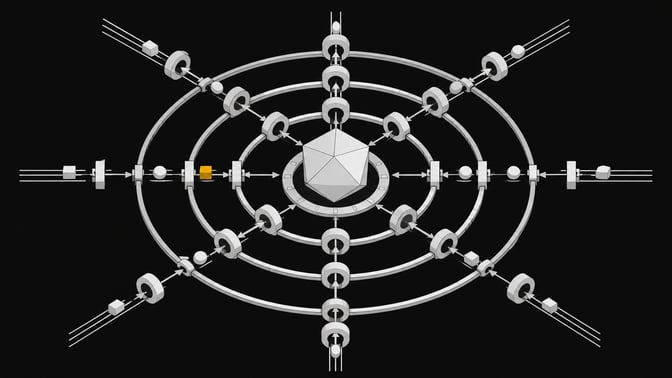 A spatial diagram of an AI gateway pipeline where unlabelled data tokens flow through segmented filtering rings toward a central processing node.