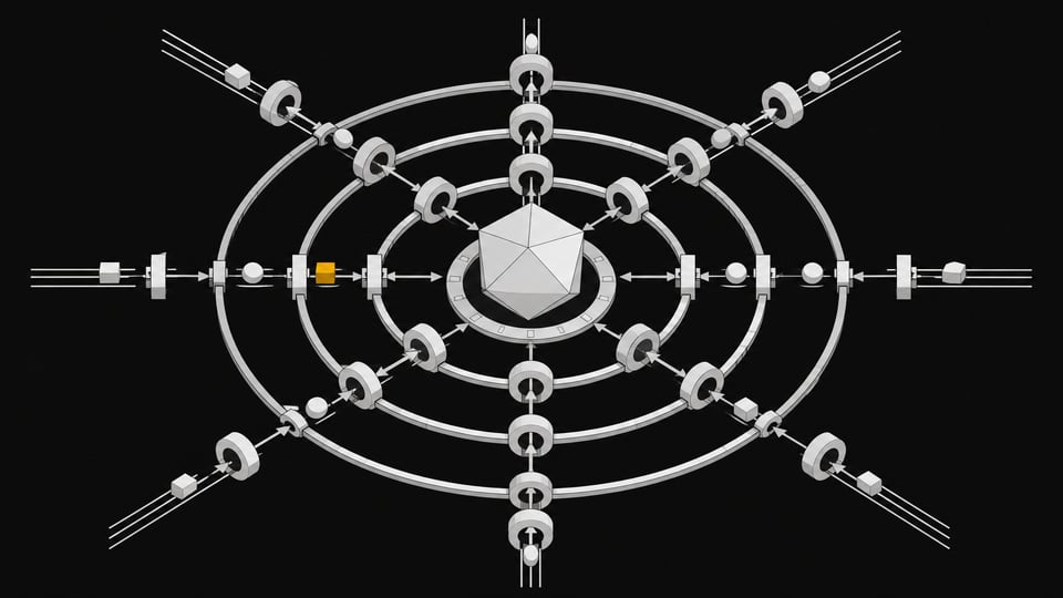 A spatial diagram of an AI gateway pipeline where unlabelled data tokens flow through segmented filtering rings toward a central processing node.