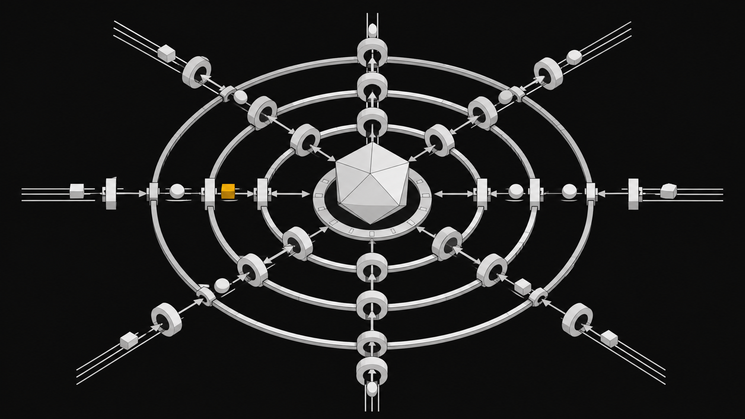 A spatial diagram of an AI gateway pipeline where unlabelled data tokens flow through segmented filtering rings toward a central processing node.