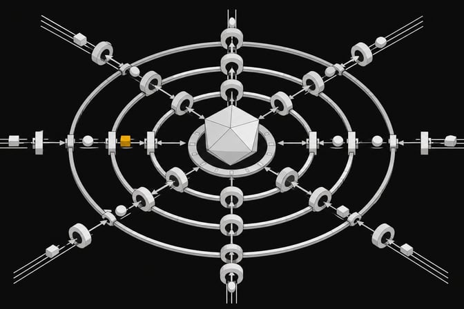A spatial diagram of an AI gateway pipeline where unlabelled data tokens flow through segmented filtering rings toward a central processing node.