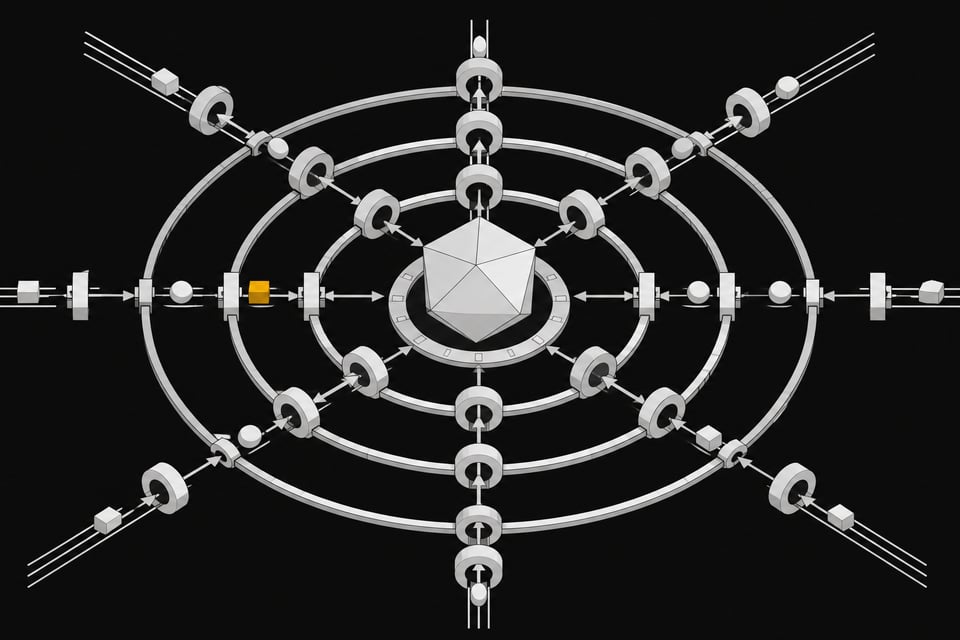 A spatial diagram of an AI gateway pipeline where unlabelled data tokens flow through segmented filtering rings toward a central processing node.