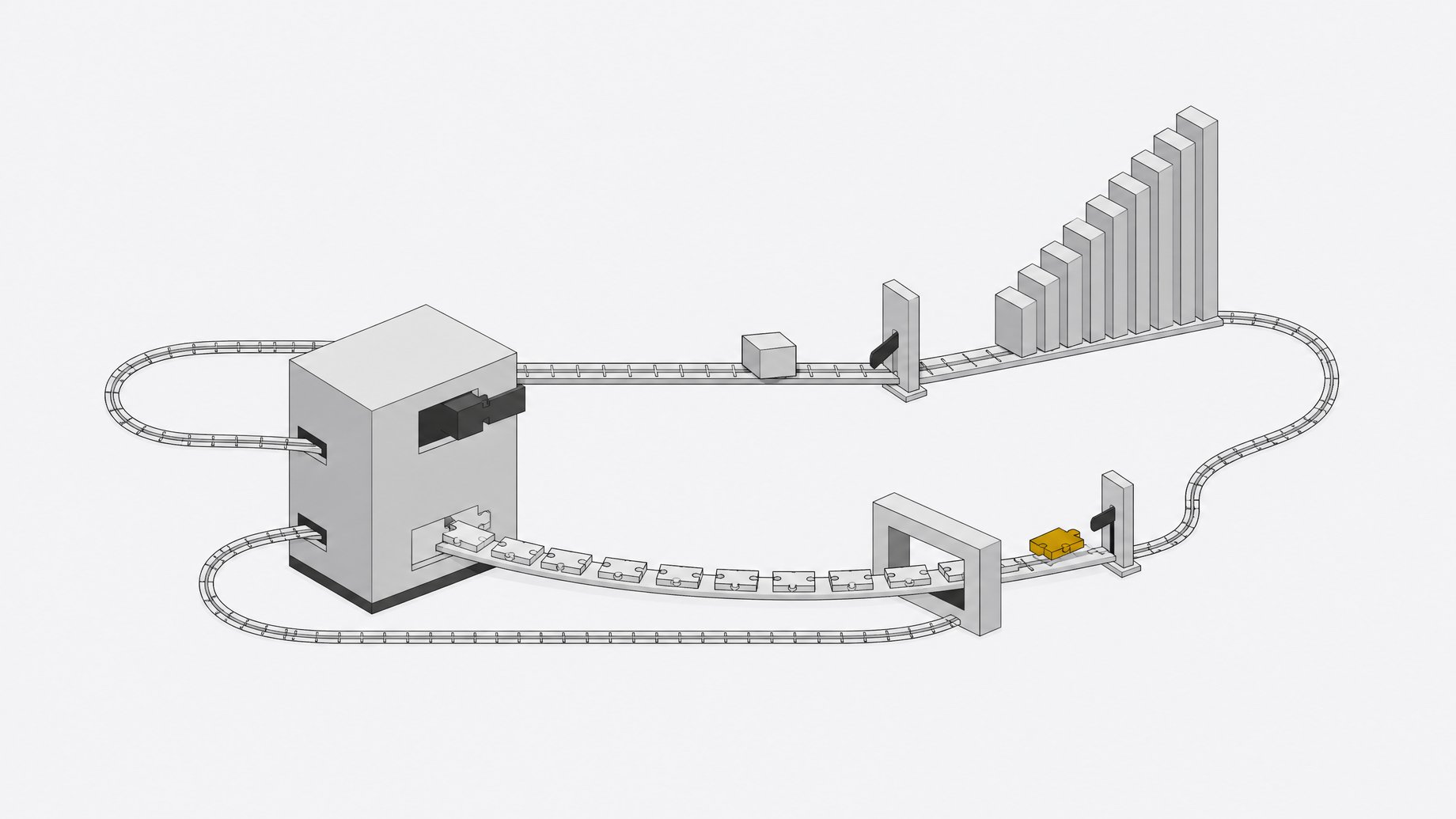 A production agent module with two rail loops: one feeding escalated cases through human review into a growing stack of memory tiles, the other turning trace segments into a reviewed patch piece that fits back into the agent.
