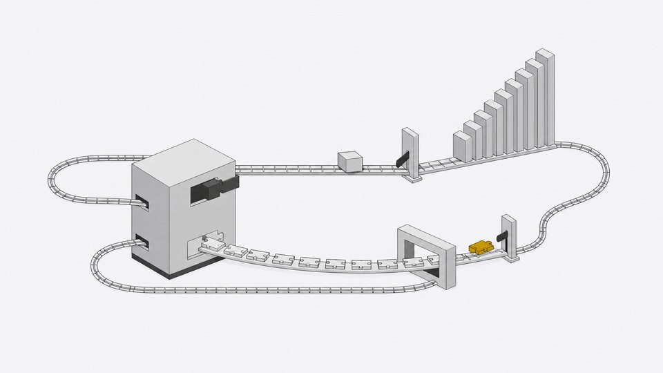 A production agent module with two rail loops: one feeding escalated cases through human review into a growing stack of memory tiles, the other turning trace segments into a reviewed patch piece that fits back into the agent.