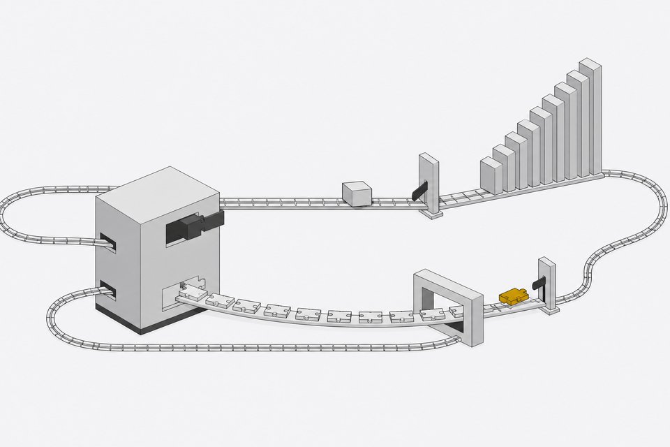 A production agent module with two rail loops: one feeding escalated cases through human review into a growing stack of memory tiles, the other turning trace segments into a reviewed patch piece that fits back into the agent.
