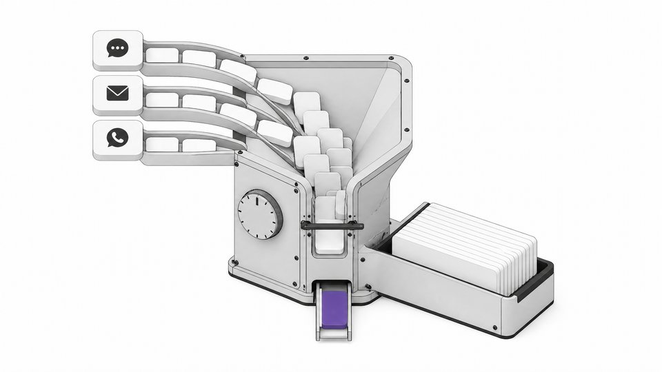 A sorting module takes in message streams from chat, email and messaging, collects most into an orderly daily-brief stack, and ejects one urgent item on a separate rail.