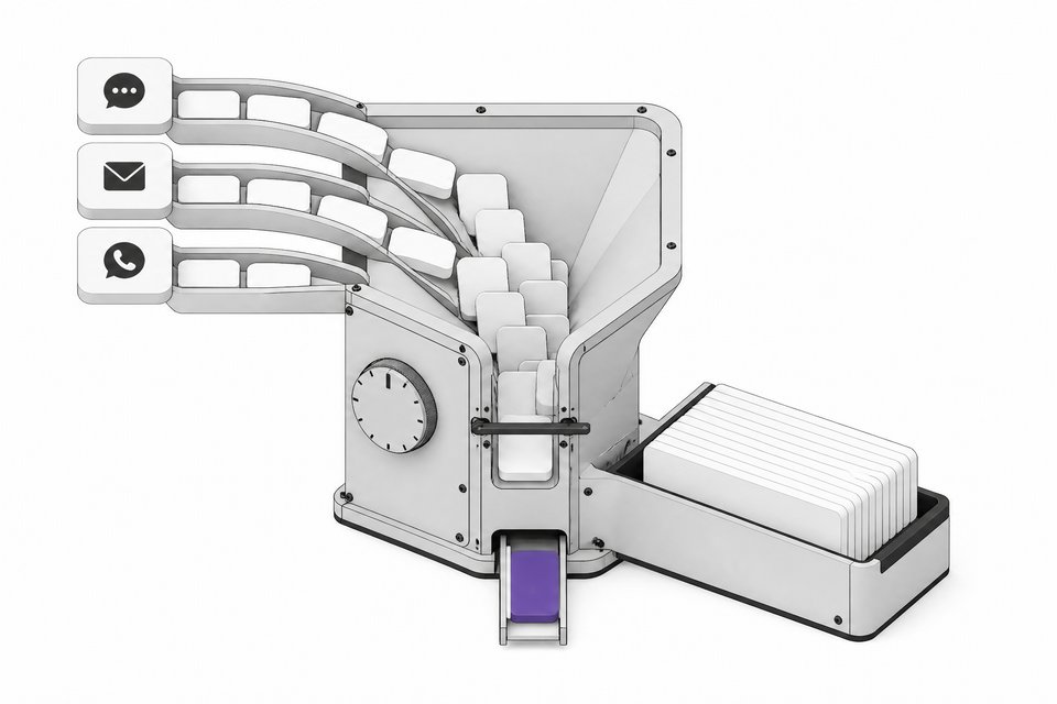 A sorting module takes in message streams from chat, email and messaging, collects most into an orderly daily-brief stack, and ejects one urgent item on a separate rail.