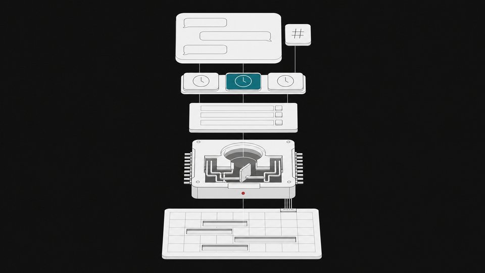 Exploded cutaway diagram of an AI scheduling agent connecting a Slack chat panel, a written rule card and a calendar, with three uniform proposed-time tiles as output.