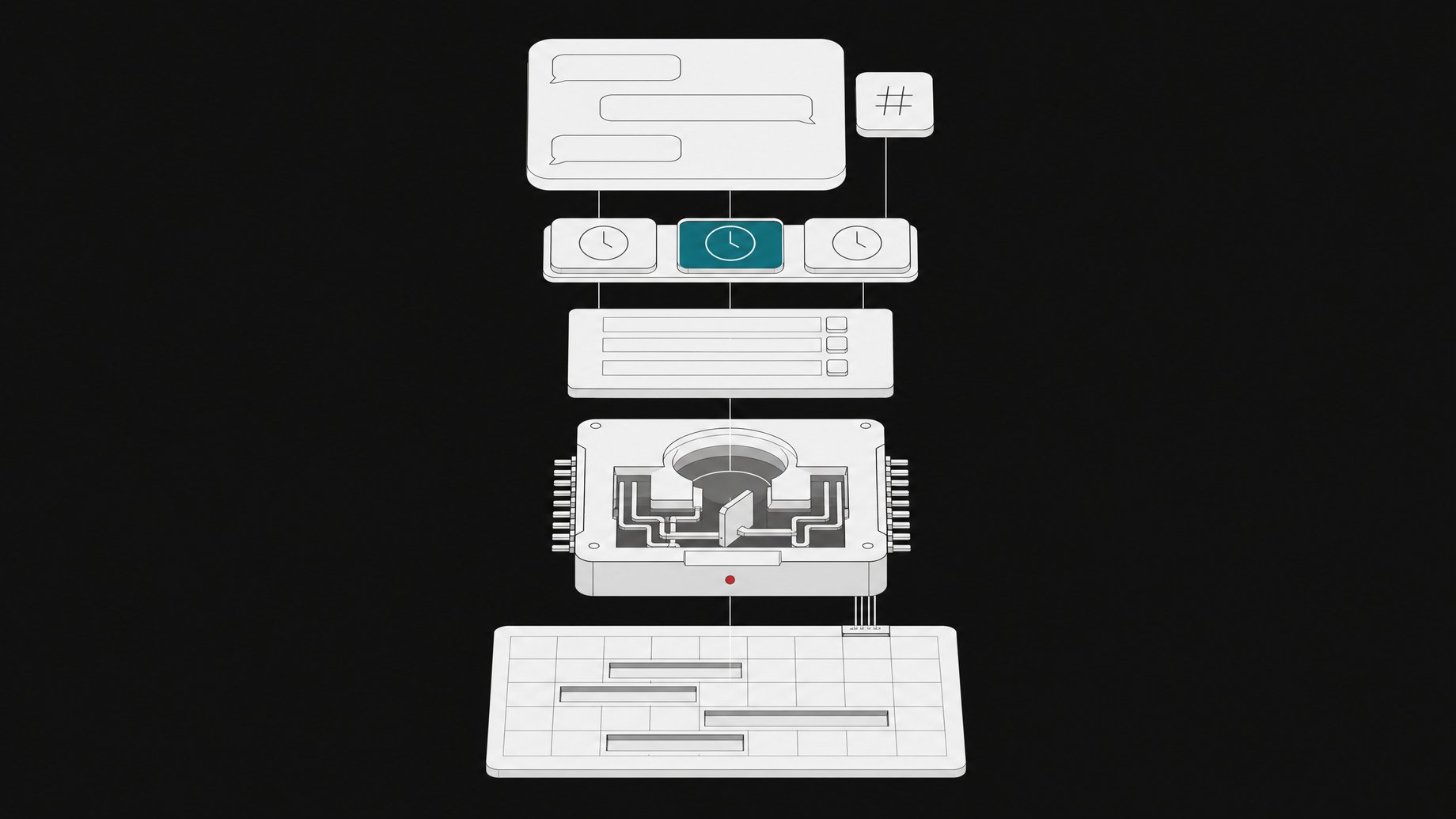 Exploded cutaway diagram of an AI scheduling agent connecting a Slack chat panel, a written rule card and a calendar, with three uniform proposed-time tiles as output.