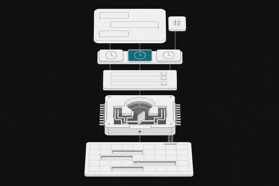 Exploded cutaway diagram of an AI scheduling agent connecting a Slack chat panel, a written rule card and a calendar, with three uniform proposed-time tiles as output.