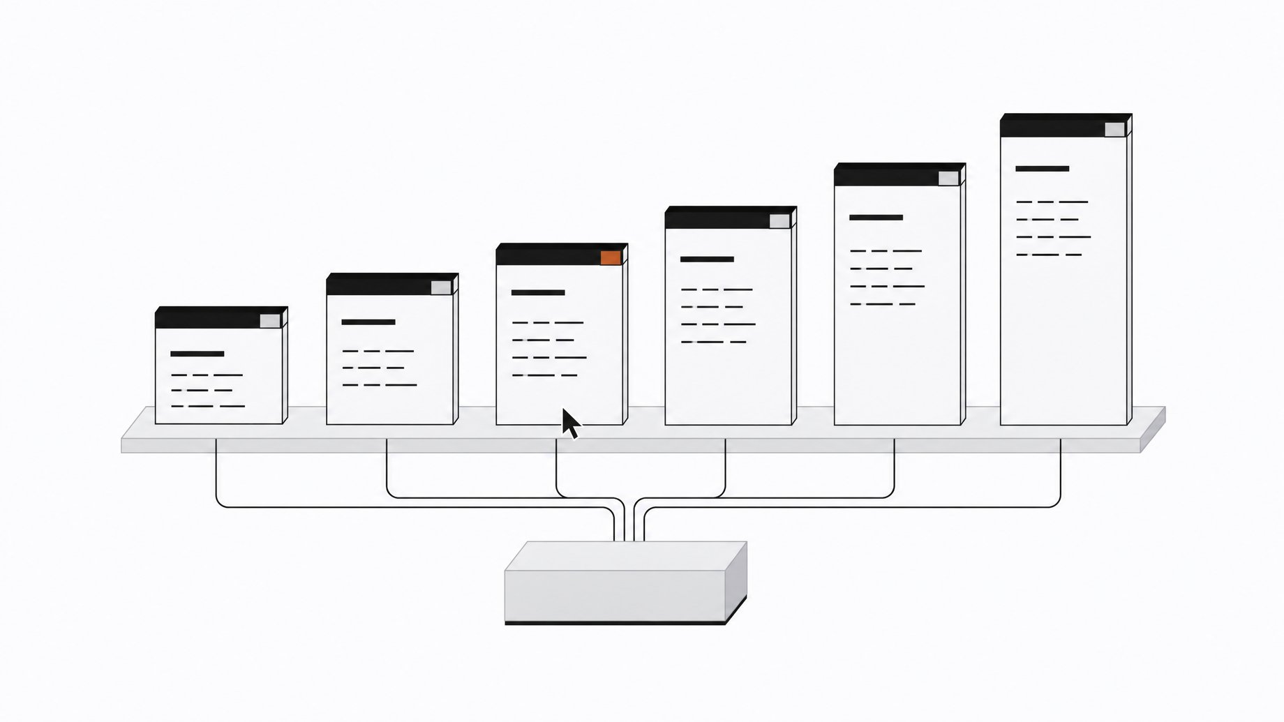 A stepped row of six identical terminal-window panels representing parallel AI coding agent sessions, with a single cursor selecting one panel while the others wait.
