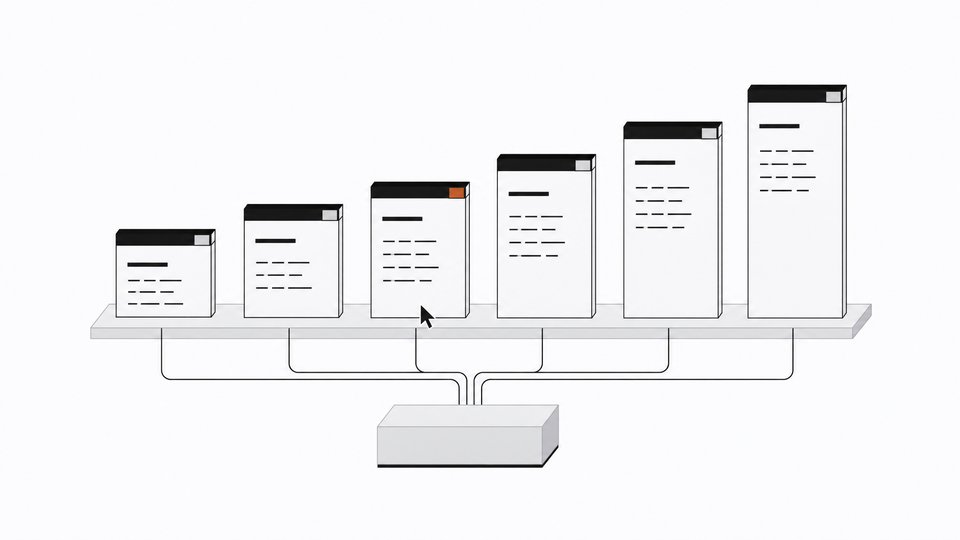 A stepped row of six identical terminal-window panels representing parallel AI coding agent sessions, with a single cursor selecting one panel while the others wait.