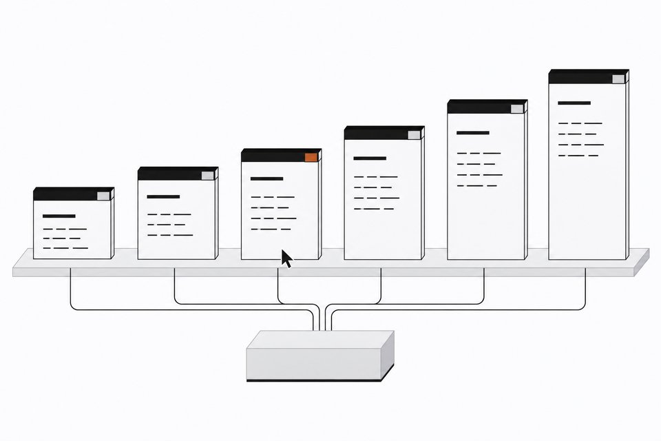 A stepped row of six identical terminal-window panels representing parallel AI coding agent sessions, with a single cursor selecting one panel while the others wait.