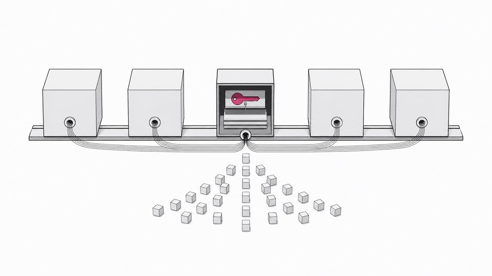 A row of sealed service cubes with one cut-away cube exposing a leaked API key token, with small agent blocks converging on it.